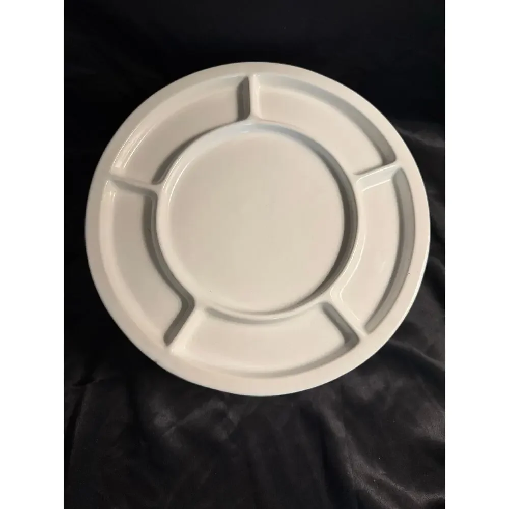 VINTAGE 90’s TRUDEAU SET OF 4 WHITE HEAVY CERAMIC DIVIDED FONDUE PLATES 10 1/2